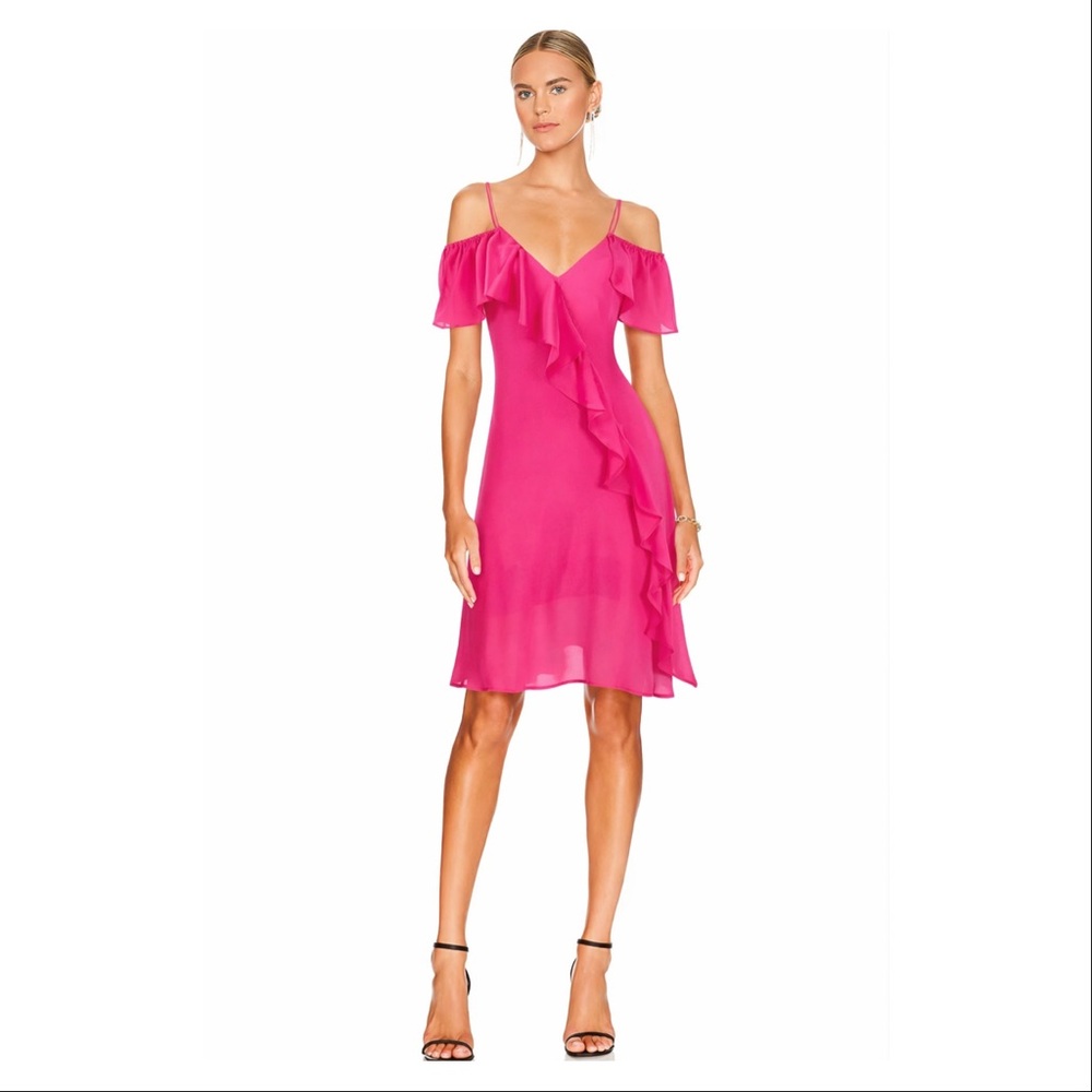 NWT Revolve x GOLD HAWK 100% Silk Hot Pink Ruffle-Detail V-Neck Midi Dress - Picture 10 of 11
